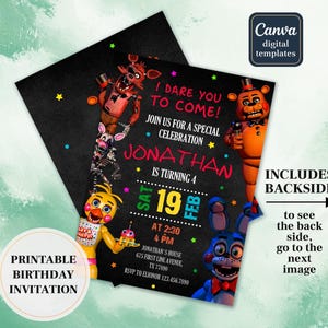 May include: A printable birthday invitation with cartoon characters on a black background. The invitation includes the text "I dare you to come!" and details for Jonathan's 4th birthday party, including the date, time, and location.