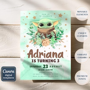 May include: A digital birthday invitation featuring a green character with large eyes, surrounded by floral elements and gold stars. The invitation reads "Adriana is turning 3" with event details. Canva digital templates.
