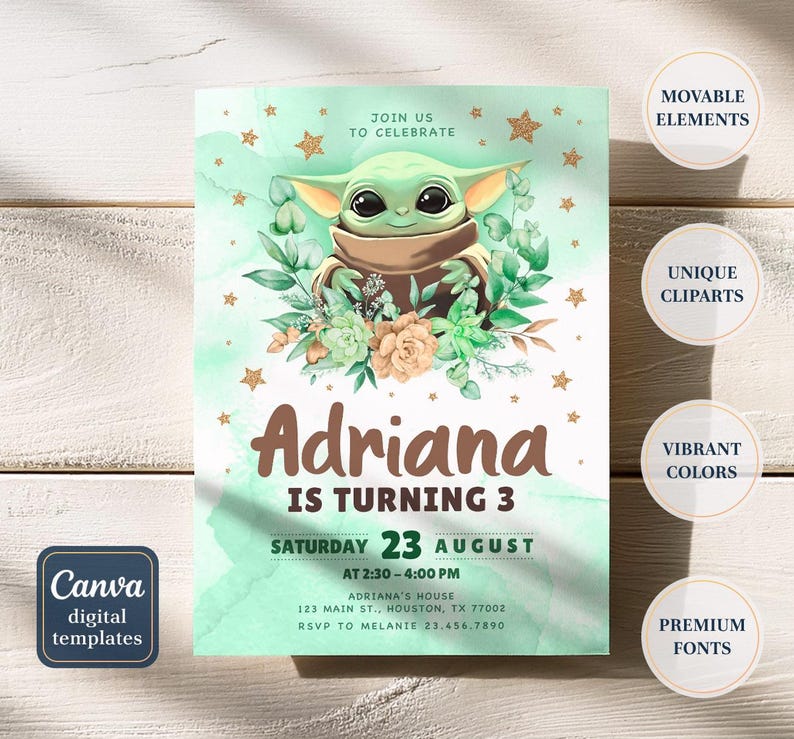 May include: A digital birthday invitation featuring a green character with large eyes, surrounded by floral elements and gold stars. The invitation reads "Adriana is turning 3" with event details. Canva digital templates.