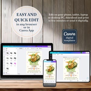 May include: A digital template displayed on a laptop, tablet, and smartphone. The template features a cartoon character and the text "RACHEL IS TURNING 6". The image also includes the text "EASY AND QUICK EDIT in any browser or in Canva App".
