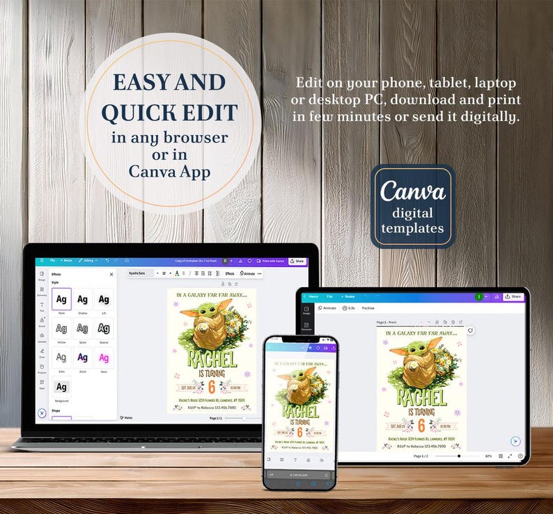 May include: A digital template displayed on a laptop, tablet, and smartphone. The template features a cartoon character and the text "RACHEL IS TURNING 6". The image also includes the text "EASY AND QUICK EDIT in any browser or in Canva App".