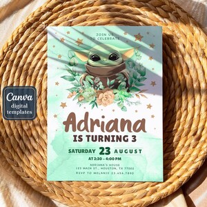 May include: A birthday invitation featuring a green character with large eyes, surrounded by flowers and stars. The invitation reads "Adriana is turning 3" with event details. The Canva digital templates logo is in the lower left corner.