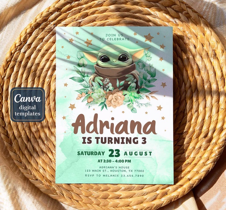 May include: A birthday invitation featuring a green character with large eyes, surrounded by flowers and stars. The invitation reads "Adriana is turning 3" with event details. The Canva digital templates logo is in the lower left corner.