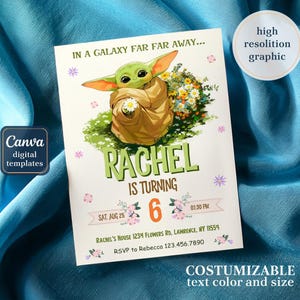 May include: A digital invitation card featuring a green alien character from a galaxy far away. The card reads "Rachel is turning 6" with event details. The design includes floral accents and is customizable in text color and size.