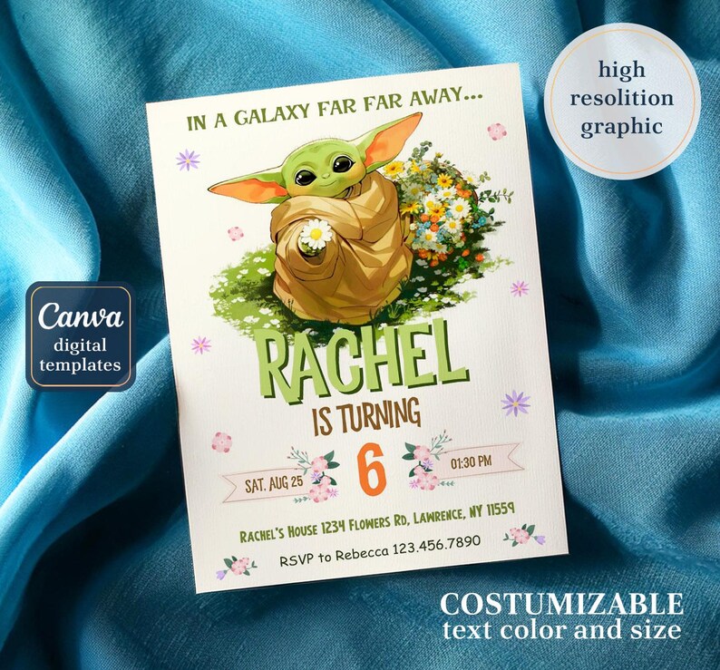 May include: A digital invitation card featuring a green alien character from a galaxy far away. The card reads "Rachel is turning 6" with event details. The design includes floral accents and is customizable in text color and size.