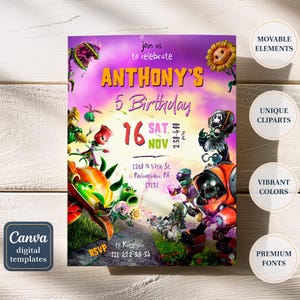 May include: A vibrant invitation for Anthony's 5th birthday, featuring colorful cartoon characters and the text "ANTHONY'S 5 Birthday" with the date "16 NOV". Includes RSVP details and address. The design showcases movable elements, unique cliparts, and premium fonts.