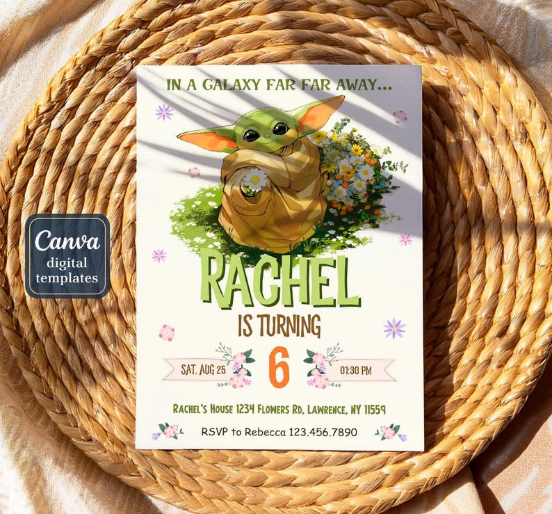 May include: A birthday invitation featuring a green alien character from a galaxy far, far away. The invitation includes the text "RACHEL IS TURNING 6" with the date and time of the party. The Canva digital templates logo is in the corner.