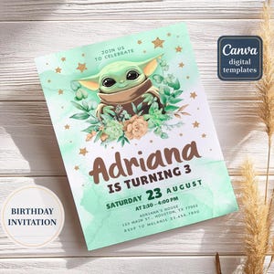 May include: A birthday invitation featuring a green and brown illustration of a character with large eyes, surrounded by flowers and stars. The invitation reads "Adriana is turning 3" with event details and the text "Canva digital templates."