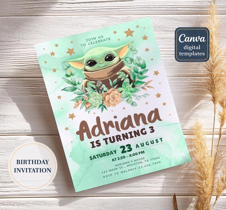 May include: A birthday invitation featuring a green and brown illustration of a character with large eyes, surrounded by flowers and stars. The invitation reads "Adriana is turning 3" with event details and the text "Canva digital templates."