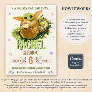 May include: A digital birthday invitation featuring a cartoon character from a galaxy far, far away. The invitation includes the name "Rachel", the number "6", and event details. The design is a Canva digital template.