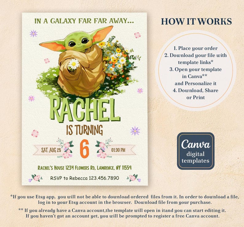 May include: A digital birthday invitation featuring a cartoon character from a galaxy far, far away. The invitation includes the name "Rachel", the number "6", and event details. The design is a Canva digital template.