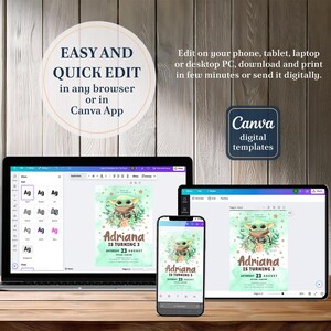 May include: Digital templates displayed on a laptop, tablet, and smartphone. The templates feature a design with a cartoon character and the text "Adriana is turning 3". The image also includes the text "Easy and Quick Edit in any browser or in Canva App".