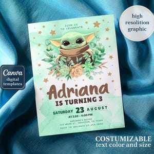 May include: A digital invitation featuring a green character with large eyes, surrounded by flowers and stars. The invitation reads "Adriana is turning 3" with event details. The design includes the text "Join us to celebrate" and "Customizable text color and size."