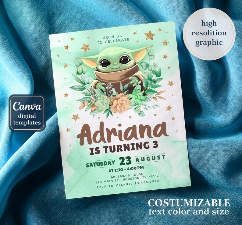 May include: A digital invitation featuring a green character with large eyes, surrounded by flowers and stars. The invitation reads "Adriana is turning 3" with event details. The design includes the text "Join us to celebrate" and "Customizable text color and size."