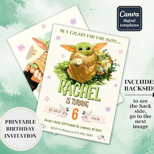 May include: Printable birthday invitation featuring a green alien character holding a flower, with the text "Rachel is turning 6". The invitation includes the date, time, and RSVP information, with a "Canva digital templates" logo.