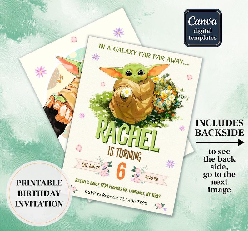 May include: Printable birthday invitation featuring a green alien character holding a flower, with the text "Rachel is turning 6". The invitation includes the date, time, and RSVP information, with a "Canva digital templates" logo.