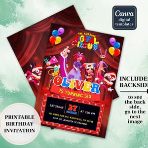 Puede incluir: Invitación de cumpleaños imprimible con temática de circo, con el texto "The Amazing Digital Circus" y "Oliver cumple seis años". La invitación incluye fecha, hora e información de RSVP. El diseño incluye personajes de dibujos animados y globos.