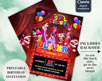 Amazing Digital Circus invitation, printable editable Digital Circus party invite, birthday party celebration template download