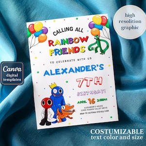 Rainbow Friends Birthday Party invitation template, Rainbow Gang Birthday invite, Rainbow Friends invite, printable editable evite