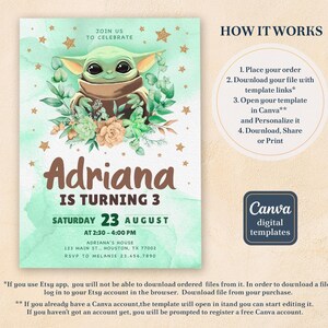 May include: A digital invitation featuring a cartoon character with large eyes and ears, surrounded by floral elements. The invitation is for Adriana's 3rd birthday, with the date and time displayed. The design includes the text "Join Us To Celebrate".