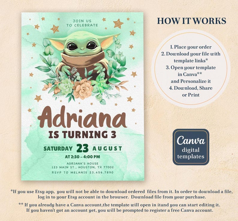 May include: A digital invitation featuring a cartoon character with large eyes and ears, surrounded by floral elements. The invitation is for Adriana's 3rd birthday, with the date and time displayed. The design includes the text "Join Us To Celebrate".