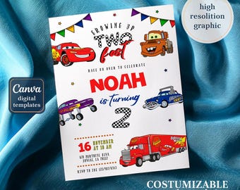 Cars invitation, Lightning Mcqueen invite, Printable Birthday Party Invitation, 2 fast 2 furious racing invite template, 2nd birthday boy