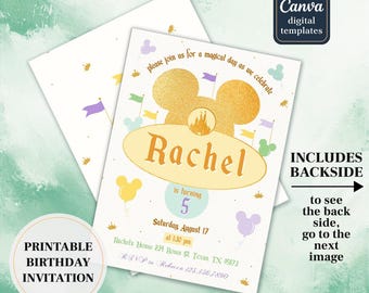 May include: A printable birthday invitation with a gold Mickey Mouse head design. The invitation includes the name "Rachel" and details for a fifth birthday celebration. The design features flags, balloons, and the text "Please join us for a magical day as we celebrate."