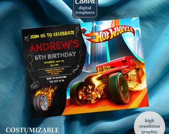 May include: A black chalkboard style invitation with red and white text for a 6th birthday party. The invitation says "Join us to celebrate Andrew's 6th Birthday" and includes the date, time, location, and RSVP information. The background of the invitation is a red and gold Hot Wheels race car.