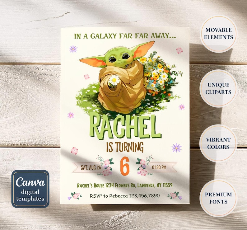 May include: A digital birthday invitation featuring a green alien character with large ears, wrapped in a tan blanket, holding a daisy. The invitation reads "Rachel is turning 6" with event details and the text "In a galaxy far far away..."