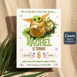 May include: A digital birthday invitation featuring a green alien character from a popular science fiction franchise. The invitation includes the text "Rachel is turning 6" and event details. The design incorporates floral and star elements.