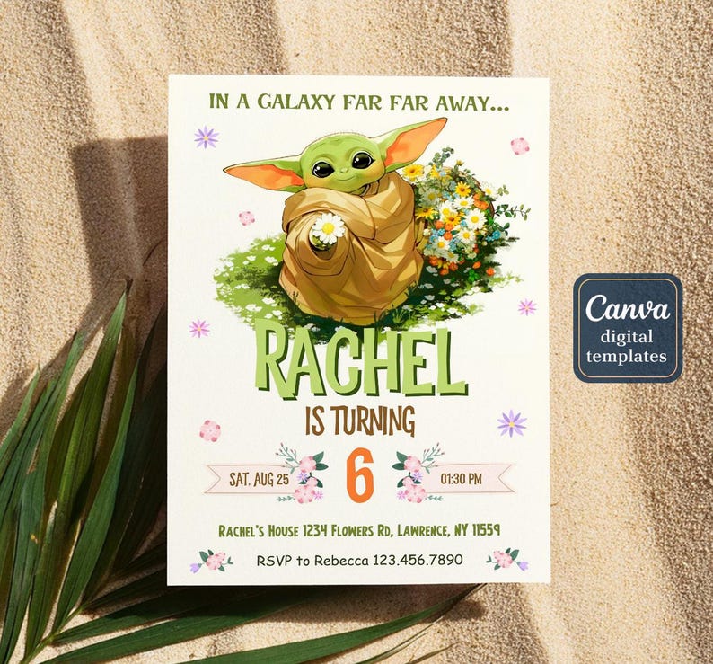 May include: A digital birthday invitation featuring a green alien character from a popular science fiction franchise. The invitation includes the text "Rachel is turning 6" and event details. The design incorporates floral and star elements.