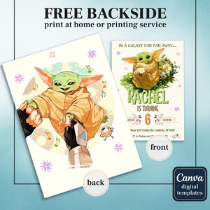 May include: Two-sided invitation featuring a cartoon Grogu character. The front design includes Grogu in a blanket with flowers, the text "RACHEL IS TURNING 6", and event details. The back features Grogu dancing with musical notes and the text "FREE BACKSIDE print at home or printing service".