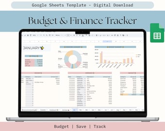 Modello di foglio di calcolo per il budget in Fogli Google / Monitoraggio mensile di entrate e uscite / Dashboard annuale / Monitoraggio dei risparmi / Pianificatore finanziario esteticamente gradevole