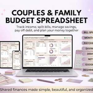 May include: A laptop, tablet, and smartphone display a budget spreadsheet. The image includes a calculator, pen, sticky notes, and cash. Text reads "Couples & Family Budget Spreadsheet" and "Shared finances made simple, beautiful, and organized."