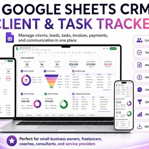 Google Sheets CRM Template Client Tracker Task Manager Invoice Payment Tracker Communication Log Sales Lead Spreadsheet