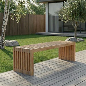 May include: A rectangular wooden bench featuring a slatted seat design and vertical slat supports on both ends. The bench is constructed from light brown wood with a natural grain texture, positioned on a wooden deck in an outdoor setting.