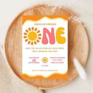 First Trip Around the Sun First Birthday Invitation Printable Instant Download Digital Template 1st Birthday Invite Girl Boy Bright Retro