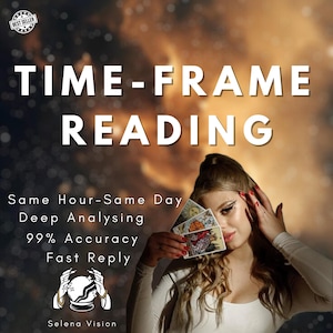 Puede incluir: Imagen que promociona un servicio de lectura de tiempo. El texto dice "TIME-FRAME READING" con detalles: "Same Hour-Same Day, Deep Analysing, 99% Accuracy, Fast Reply." Una mujer sostiene cartas del tarot, con una insignia de "Best Seller".