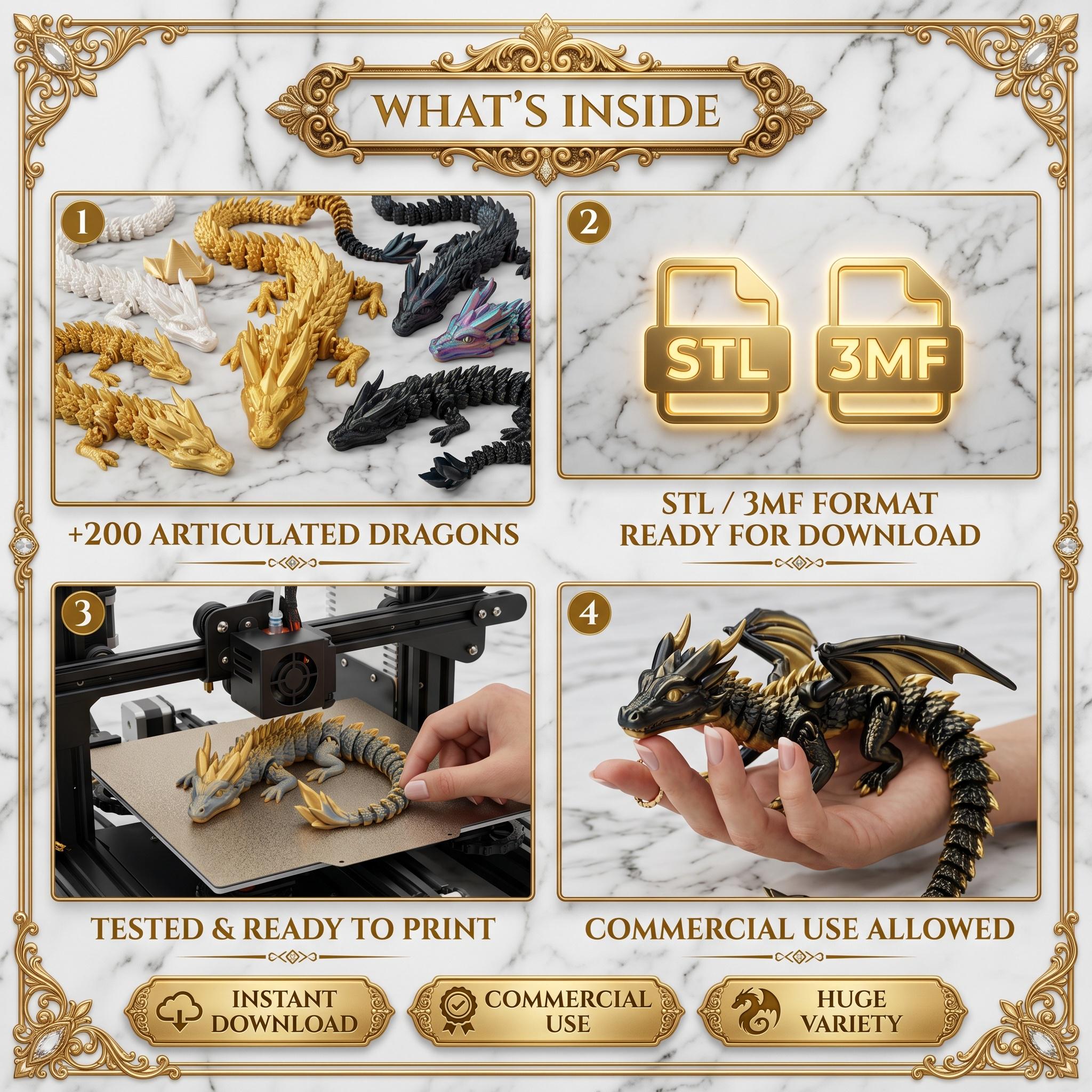 Flexi Dragon STL Bundle | Articulated Dragon 3D Print Files | Print in ...