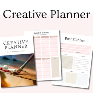 Può includere: Una raccolta di pagine di Creative Planner, tra cui un pianificatore settimanale e un pianificatore di post, con una combinazione di colori rosa tenue e beige. La copertina presenta una tavolozza di pittura e un pennello. Il titolo "Creative Planner" è visualizzato in nero e in grandi dimensioni.