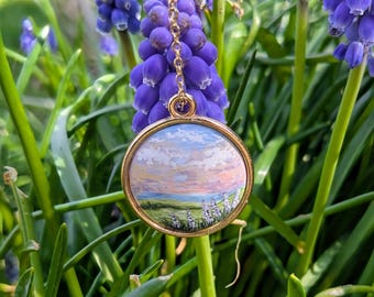 Lavender Field Painted Necklace, Floral Necklace Pendant, Handmade Polymer Clay Jewellery, Gold Framed, Hypoallergenic Nickel Free