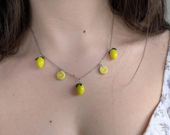 Collier Pendentif Citronnier Fait Main - Perle Et Plaqué Or/argent - 16 Pouces