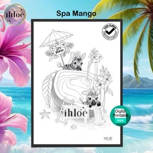 Op de afbeelding: Zwart-wit digitale printbare kunst met een spa-scène met zebra's. Het kunstwerk bevat de tekst "Spa Mango" en "ihloe". De zebra's bevinden zich in een kokosnoot-spa met een waterval en bloemen. De afbeelding bevat ook een bord met "Spa Mango".