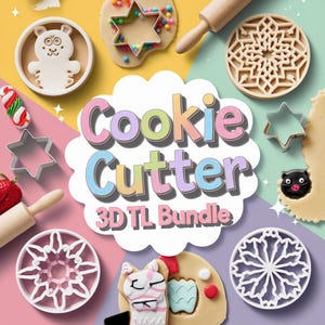 K&ouml;nnte beinhalten: Ein Set aus 3D-gedruckten Ausstechern in verschiedenen Formen, darunter ein Stern, eine Schneeflocke, ein Lama und eine Katze. Die Ausstecher sind wei&szlig; und werden auf einem bunten Hintergrund mit dem Text "Cookie Cutter 3D TL Bundle" pr&auml;sentiert.