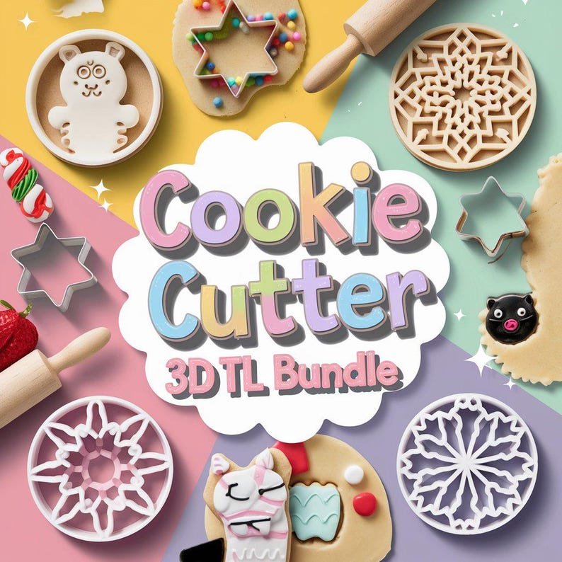 K&ouml;nnte beinhalten: Ein Set aus 3D-gedruckten Ausstechern in verschiedenen Formen, darunter ein Stern, eine Schneeflocke, ein Lama und eine Katze. Die Ausstecher sind wei&szlig; und werden auf einem bunten Hintergrund mit dem Text "Cookie Cutter 3D TL Bundle" pr&auml;sentiert.