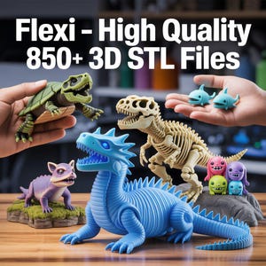 May include: A collection of colorful 3D-printed toys, including a green turtle, a blue dragon, a purple creature, a dinosaur skeleton, and small, smiling creatures. The image includes the text "Flexi - High Quality 850+ 3D STL Files".