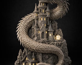 Dragon Castle Tower 3D STL | Fantasy Dragon Sculpture | Castle Lamp Model | 3D Print Fantasy Diorama | Printable Dragon Statue