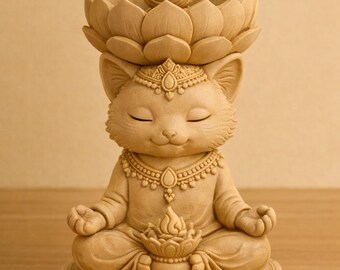 Meditating Cat Statue 3D Model STL | Zen Yoga Cat Sculpture with Lotus Crown | Spiritual Cat Figurine | Decorative Meditation Statue