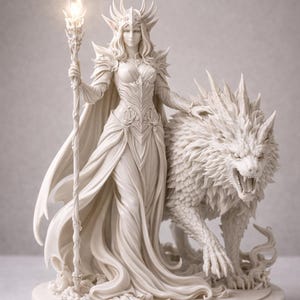 May include: A detailed white sculpture of a regal figure in a flowing gown, holding a staff with a glowing orb. A large, snarling wolf stands beside the figure. The sculpture is on a round base, showcasing intricate details.