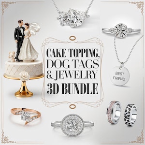 May include: A 3D printed bundle of cake toppers, dog tags, and jewelry. The bundle includes a bride and groom cake topper, a ring, a necklace with a "Best Friend" tag, and two rings.
